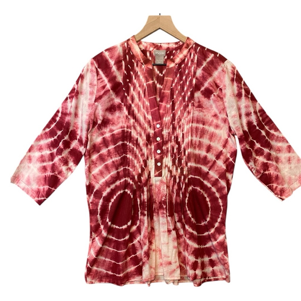 Chico's Tie Dye Cotton Tunic‎ Size M 8/10 Pintuck Pleats Cherry Red Lightweight